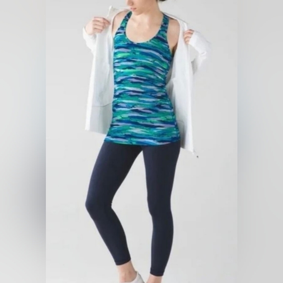 Lululemon Stretch Green Blue Gray White Striped Racerback Tank Top - Picture 2 of 7
